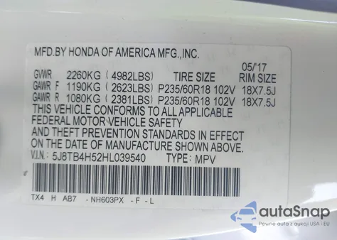 2017 Acura Rdx Technology Pkg/W/Technology/Acurawatch Plus Pkg z USA, uszkodzony, nr VIN 5J8TB4H52HL039540